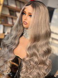 Abiola Abebi: Pre-Styled European Ash Blonde With Dark Brown Highlights Full Density Glueless Frontal Wig