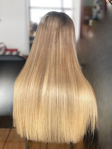 Biopelo: Un-Styled European Blonde Raw Hair Dark Roots Full Density GlueLess Frontal Wig