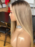 Bisi Bonoloi: Pre-Styled European Ash Blonde With Blonde Ombre Raw Hair Full Density Glueless Frontal Wig