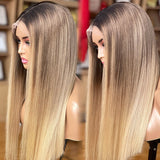 Sani: Un-Styled European Blonde Raw Hair Dark Roots Full Density Glueless Closure Wig
