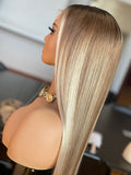 Ledi: Un-Styled European Blonde Raw With Highlights Hair Dark Roots  Full Density Glueless Closure Wig
