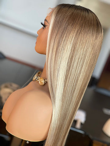 Bola Anika Pre-styled European Ash Blonde with 613 highlights Raw hair full density Glueless Closure Wig