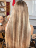 Chim: Un-Styled European Blonde Raw Hair Dark Roots Full Density Glueless Frontal Wig