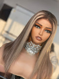Dike: Un-Styled European Blonde Brown Highlights Raw Hair Dark Roots  Full Density Glueless Closure Wig