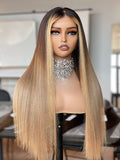 Danai: Un-Styled European Honey Blonde Raw Hair Dark Roots  Full Density Glueless Closure Wig