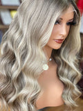 Chifun:Un-Styled European Blonde Highlights Raw Hair Dark Roots Full Density Glueless Frontal Wig