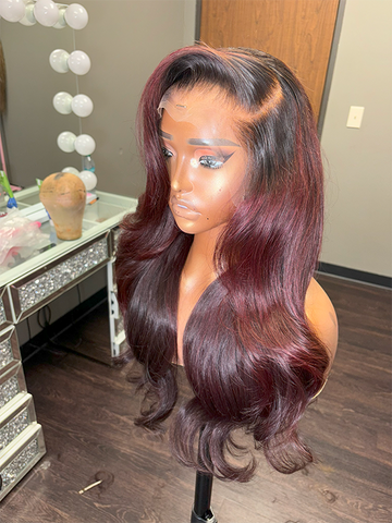 Gina 13by4 HD burgundy with dark roots frontal wig