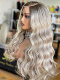 Dakarai: Un-Styled European Platinum Blonde Raw Hair dark Roots  Full Density Glueless Closure Wig