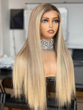 Aponge: Un-Styled European Ash Blonde Raw Hair Dark Roots  Full Density Glueless Closure Wig