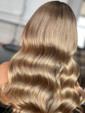 Chisomo: Un-Styled European Honey Blonde Raw Hair Dark Roots  Full Density Glueless Closure Wig